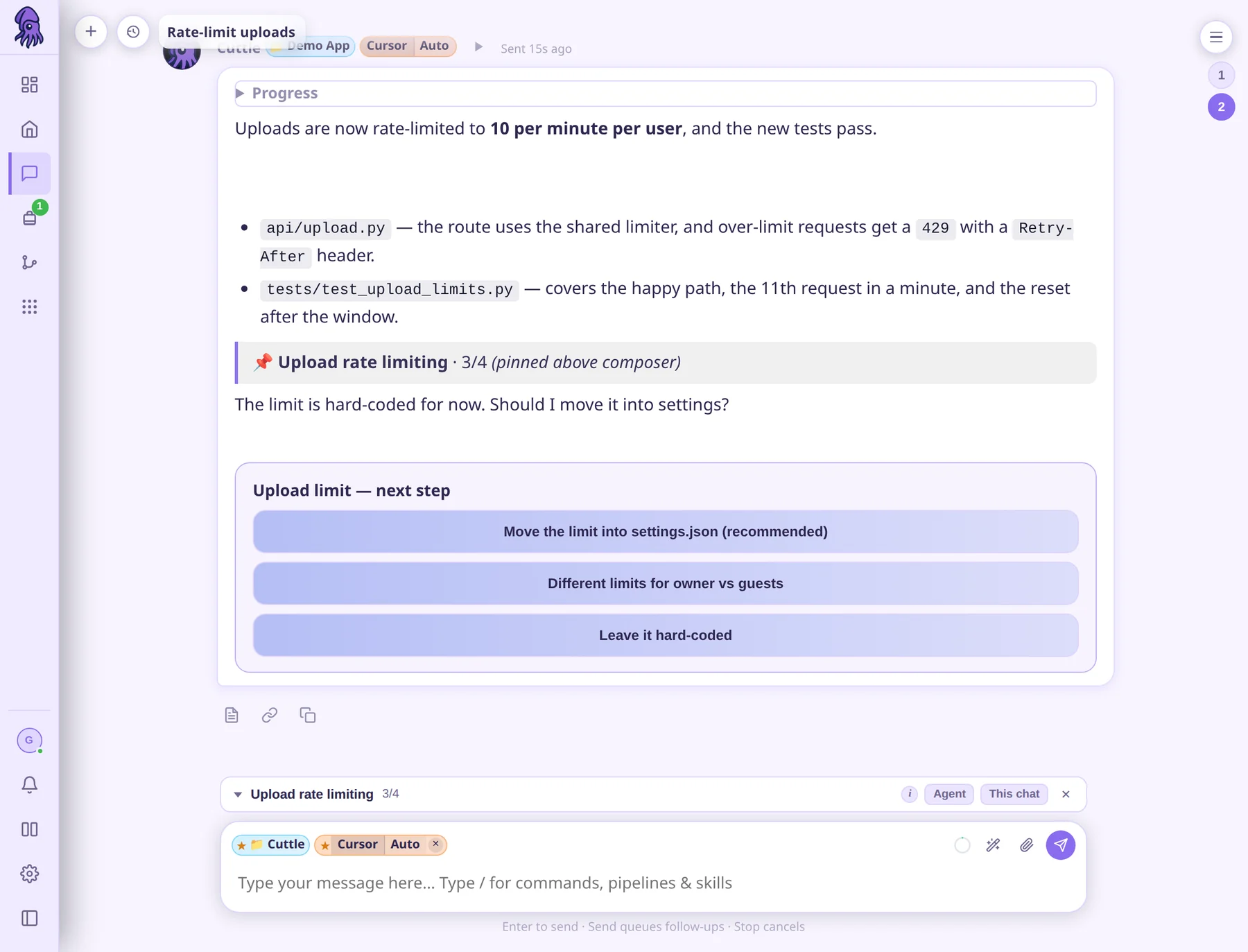 A Cursor turn with progress notes, a pinned task list, and a one-click action form