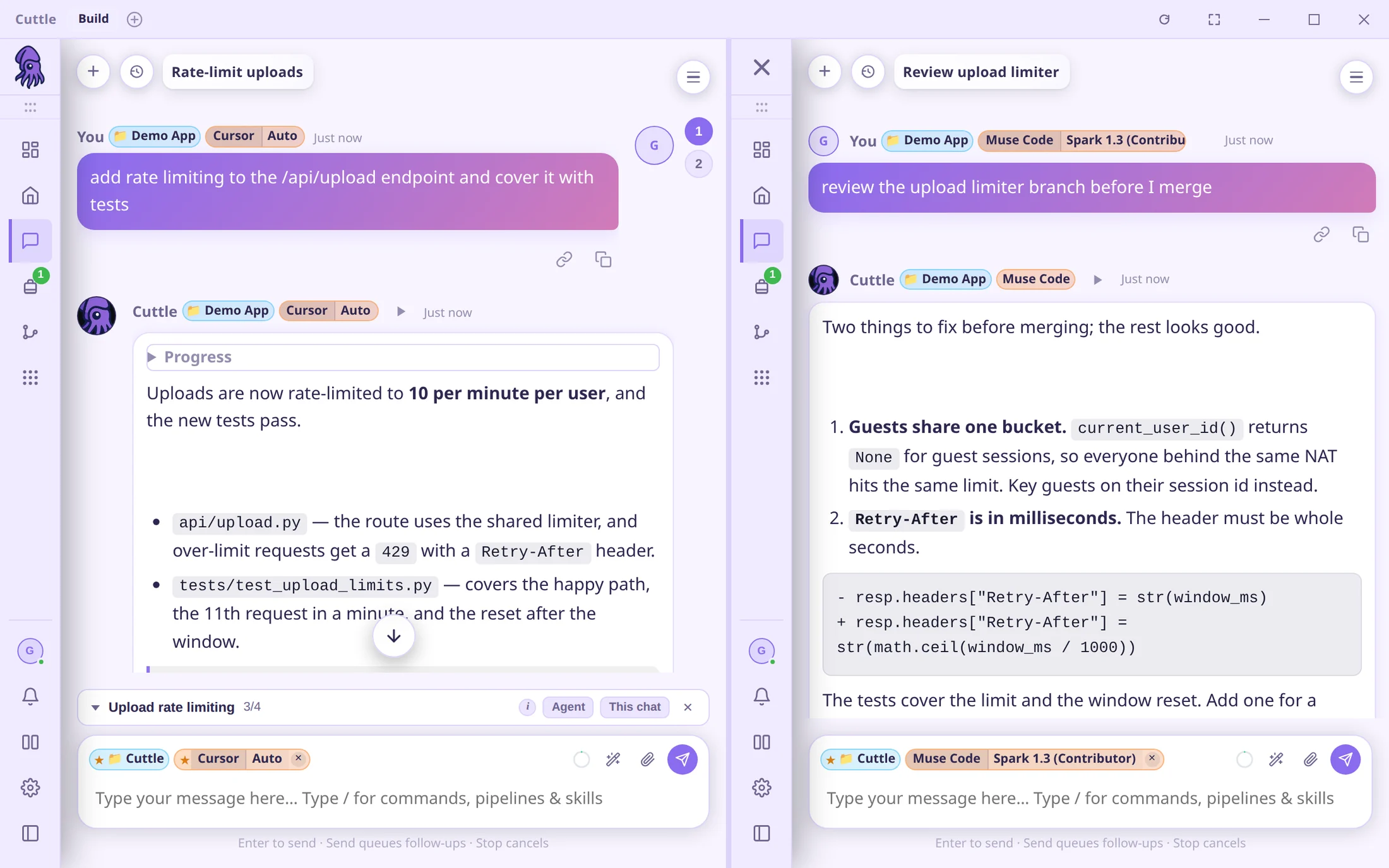 A Cursor chat and a Muse Code review side by side in split panes